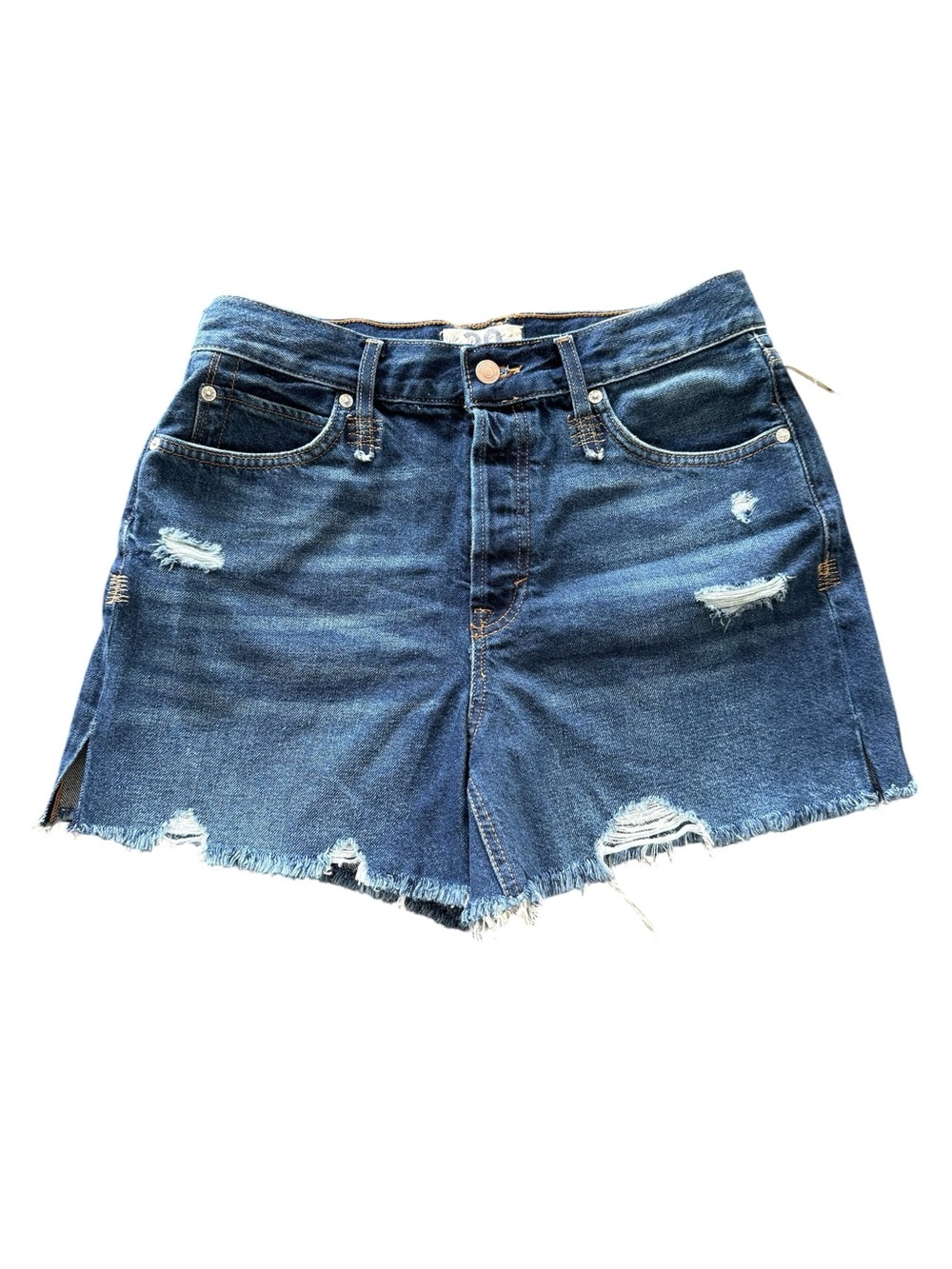 Free People Shout and Twist Deep Sea Distressed Denim Cut Off Shorts Size 29